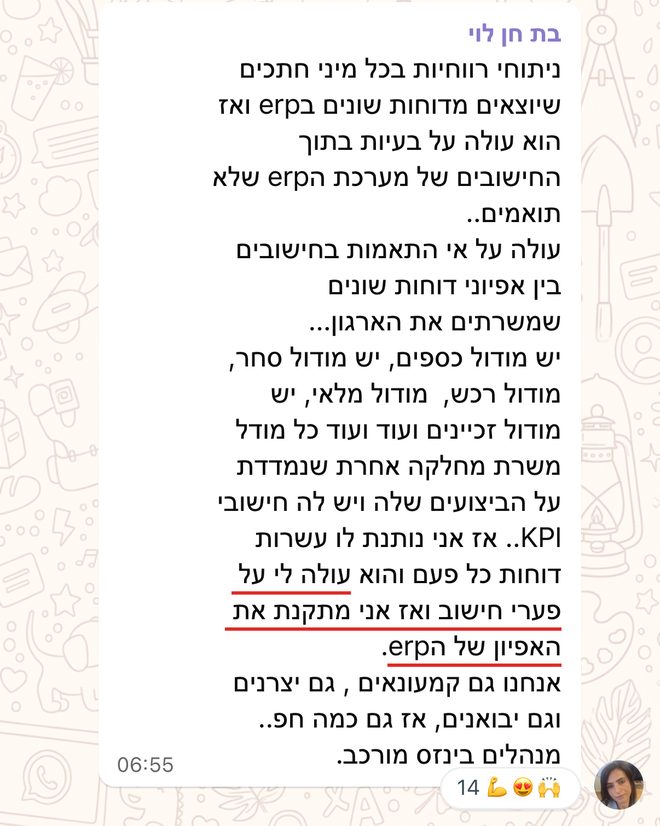 הודעה של בת חן לוי: יש לי סוכן שמנתח לי דוחות רווחיות - מוצא בעצמו טעויות וחוסך לי משרה שלמה של אנליסט בכיר.