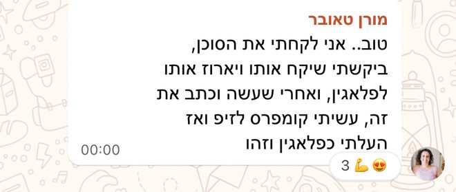 הודעה של מורן טאובר: אני לקחתי את הסוכן, ביקשתי שיקח אותו ויארוז אותו לפלאגין, ואחרי שעשה וכתב את זה, עשיתי קומפרס לזיפ ואז העלתי כפלאגין וזהו