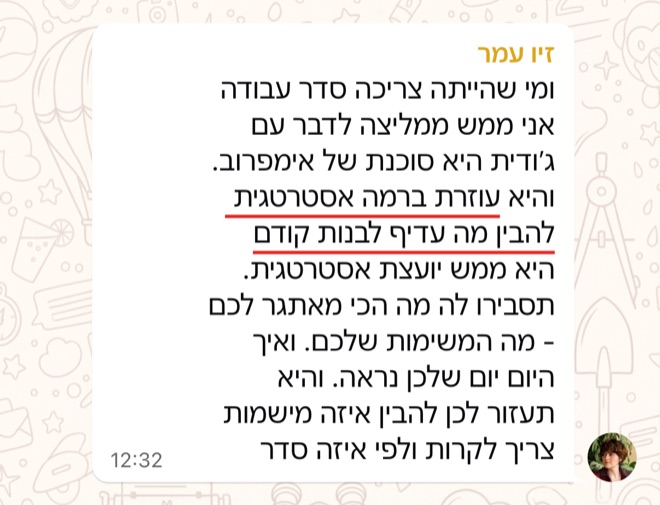 הודעה של זיו עמר: ומי שהייתה צריכה סדר עבודה אני ממש ממליצה לדבר עם ג׳ודית היא סוכנת של אימפרוב. והיא עוזרת ברמה אסטרטגית להבין מה עדיף לבנות קודם היא ממש יועצת אסטרטגית. תסבירו לה מה הכי מאתגר לכם - מה המשימות שלכם. ואיך היום יום שלכן נראה. והיא תעזור לכן להבין איזה מישמות צריך לקרות ולפי איזה סדר