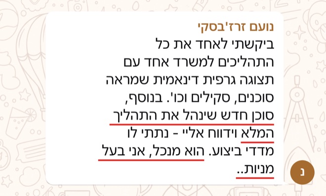 הודעה של נועם זרז'בסקי: ביקשתי לאחד את כל התהליכים למשרד אחד עם תצוגה גרפית דינאמית שמראה סוכנים, סקילים וכו'. בנוסף, סוכן חדש שינהל את התהליך המלא וידווח אליי - נתתי לו מדדי ביצוע. הוא מנכל, אני בעל מניות..